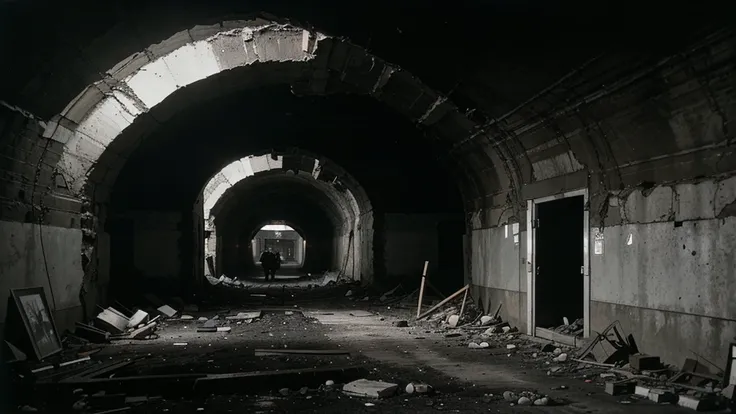 Black and white photograph of a Soviet coal mine in the 1970s. The entrance of a collapsed tunnel is visible. Debris and timber scattered around, rescue workers are seen working. Dim lighting and a dusty atmosphere.
