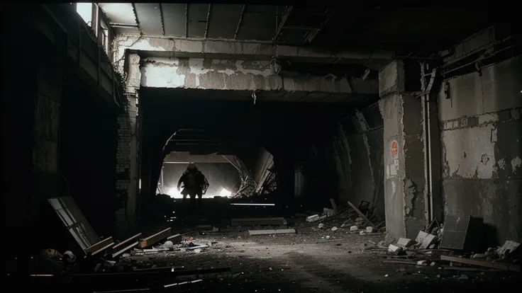 Black and white photograph of a Soviet coal mine in the 1970s. The entrance of a collapsed tunnel is visible. Debris and timber scattered around, rescue workers are seen working. Dim lighting and a dusty atmosphere.
