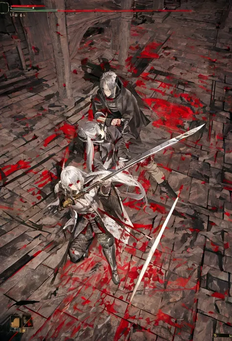 high quality,knight鎧,Gray Hair,Long Hair, Seductive red eyes, Cool,knight,Western style,battle,Holding a sword,Naoken,Swordfighting,Extracting the Sword,Moving Pictures,Bleeding,Return blood,battlefield,break,Grit your teeth,kill,Slashing to death,assassin...