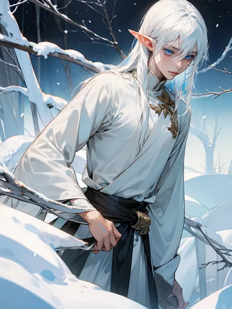 Male elf, thin masculine figure, long snow-white hair, light blue eyes, fair skin, helpless eyes, shy, wrists bound with ropes, slave.