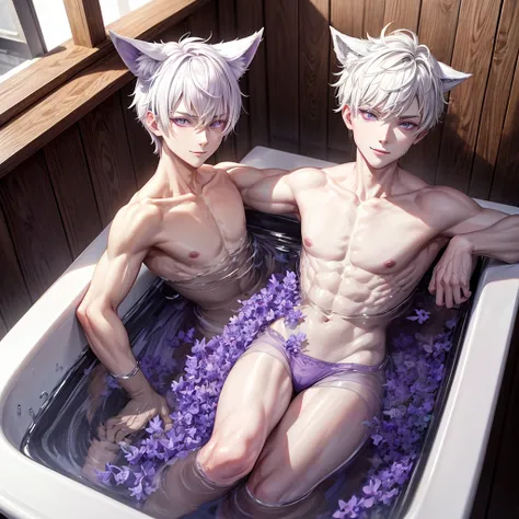 hybrid character with wolf ears,masculine and dominant gender, Short White Hair, purple raven iris eyes,pale skin,mature appearance and pale body, thin and delicate. Do it in a wooden bathtub alone with hot water with a smile