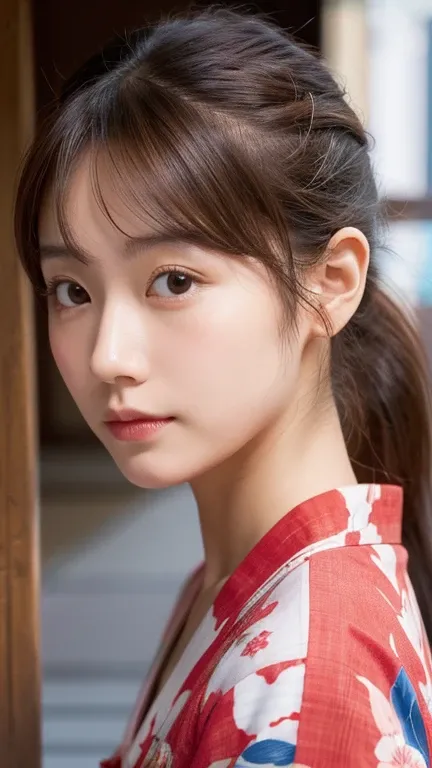 Japanese women、20th Generation、Neat and clean beauty、Small face、high resolution、Red yukata、Brown Hair、ponytail