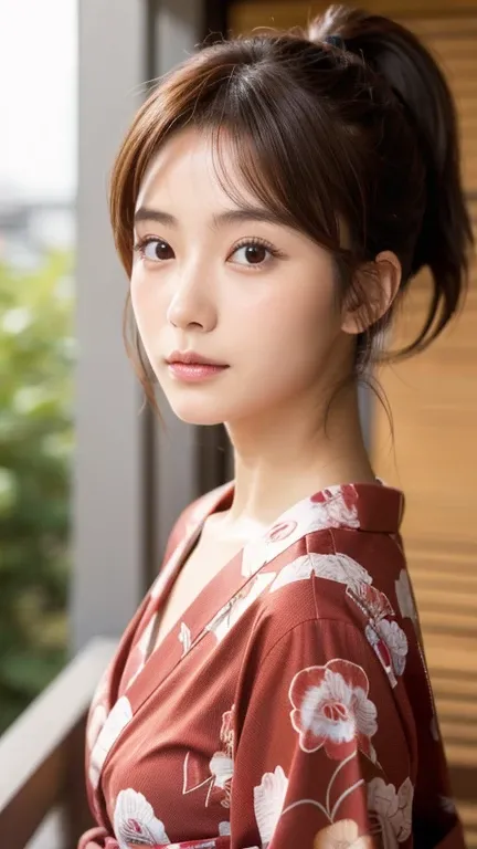 Japanese women、20th Generation、Neat and clean beauty、Small face、high resolution、Red yukata、Brown Hair、ponytail