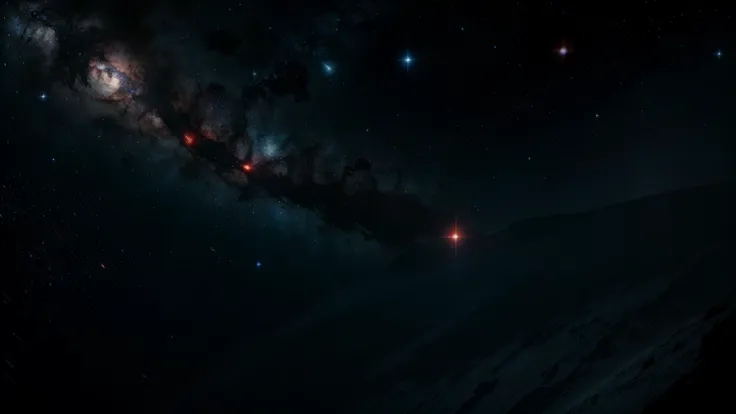 A quiet, dark space scene where the remnants of star formation are visible. Sparse stars, with the majority being red dwarfs and white dwarfs, scattered across the blackness. A few nebulae can be faintly seen, indicating the dwindling resources for new sta...