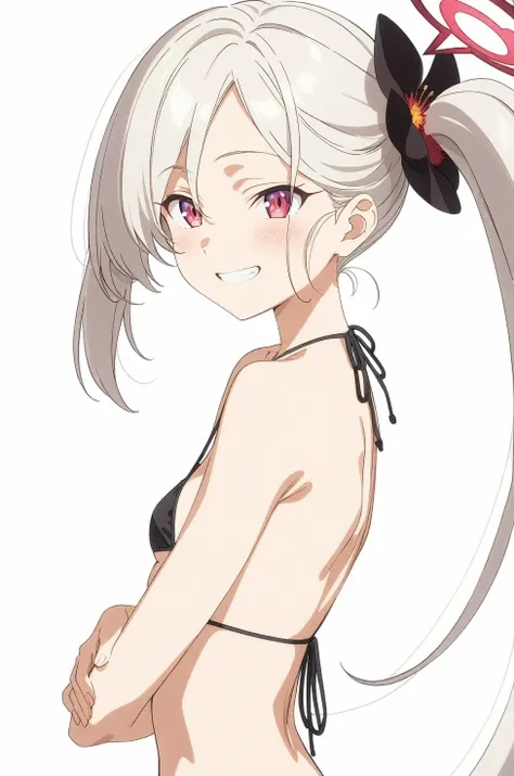 best quality, amazing quality, very aesthetic, absurdres, (1girl, mutsuki, blue archive, solo, red eyes, white hair, side ponytail), (realistic face:0.9),(string bikini:1.8), (grin, blush, thigh:1.3), (cowboy shot), (glowing eyes), (half closed eyes:0.9), ...