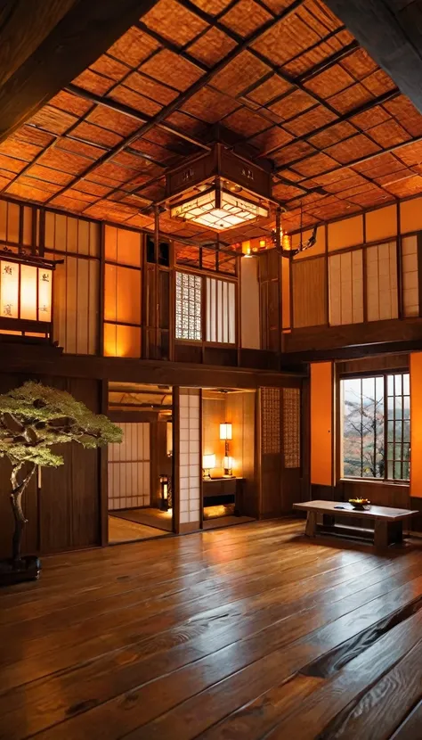 Japanese Castle、Wood-themed room、Luxurious room with a landing、Orange lights