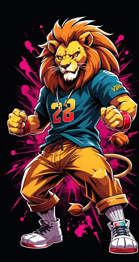 lion style fighting game, hip-hop style, t shirt design, flat-colors, vectorial art,  ((black backdrop)) . dynamic, vibrant, ful...