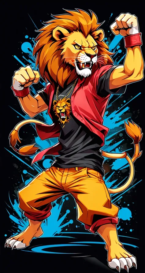 Lion style fighting game, Hip-Hop Style, t shirt design, flat-colors, vectorial art,  ((black backdrop)) . dynamic, Vibrant, full of action, detailed character design, reminiscent of fighting video games