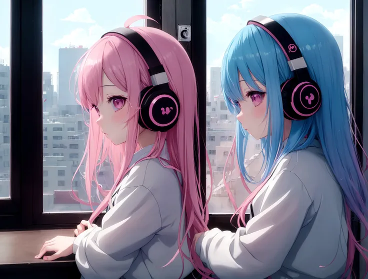 anime girl wearing headphones looking out the window at the city, pink long hair, lo-fi girl, kaisei and artgelm, anime atmosphe...