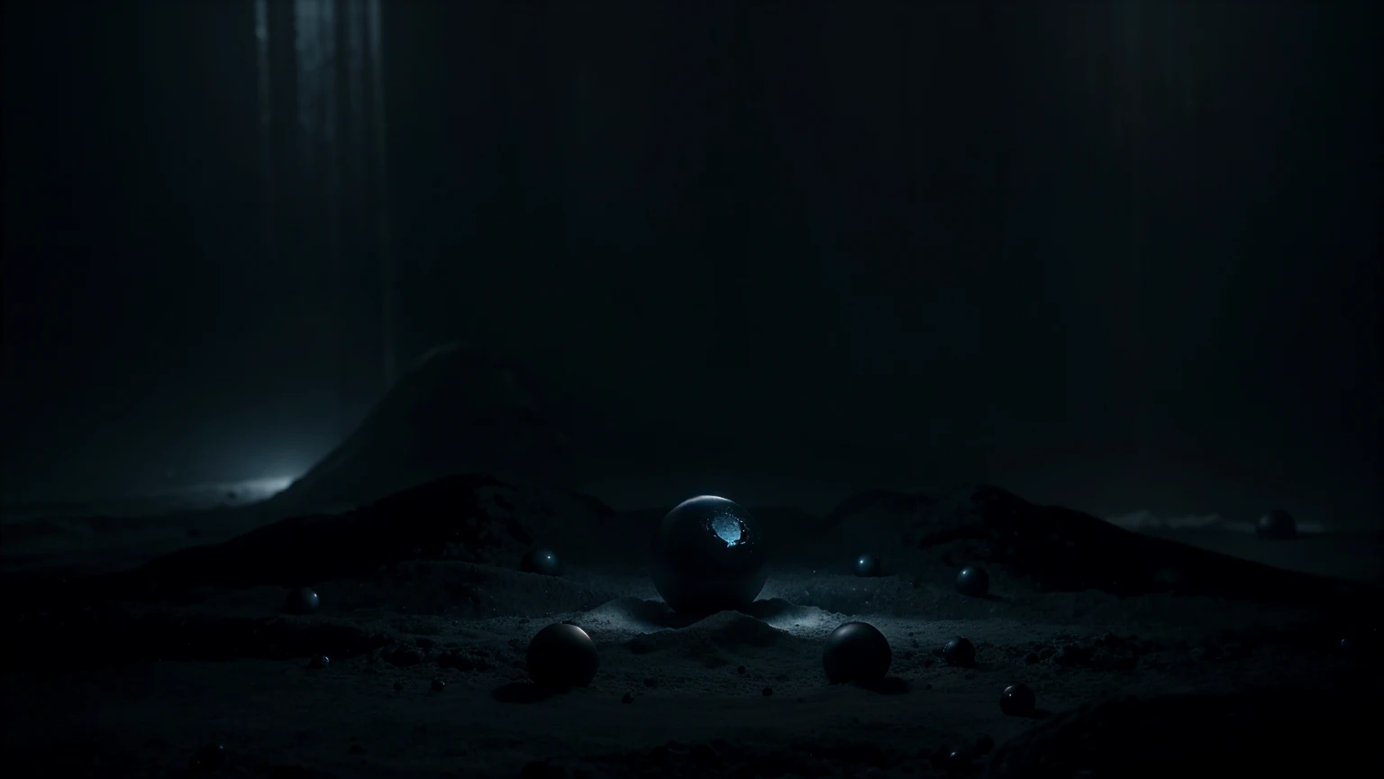 A dark scene featuring black dwarfs—cold, dark spheres with no light emanating from them. These objects should be set against a backdrop of a nearly black space, illustrating their lifeless nature. The overall ambiance should be one of deep cold and stilln...