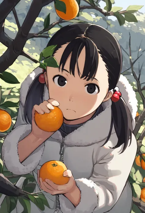 1girl, solo, giving a blowjob, pov, black hair, fruit, black eyes, tree, food, coat, hair ornament, orange (fruit), looking at viewer, upper body, short hair, closed mouth, bangs, fur trim, outdoors, hair bobbles, jacket, hood down, day, leaf, zipper, mand...