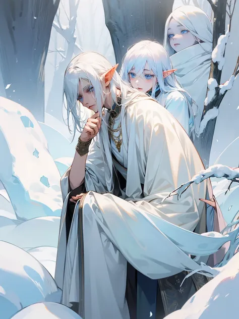 Male elf, thin masculine figure, long snow-white hair, light blue eyes, fair skin, helpless eyes, shy, slave.