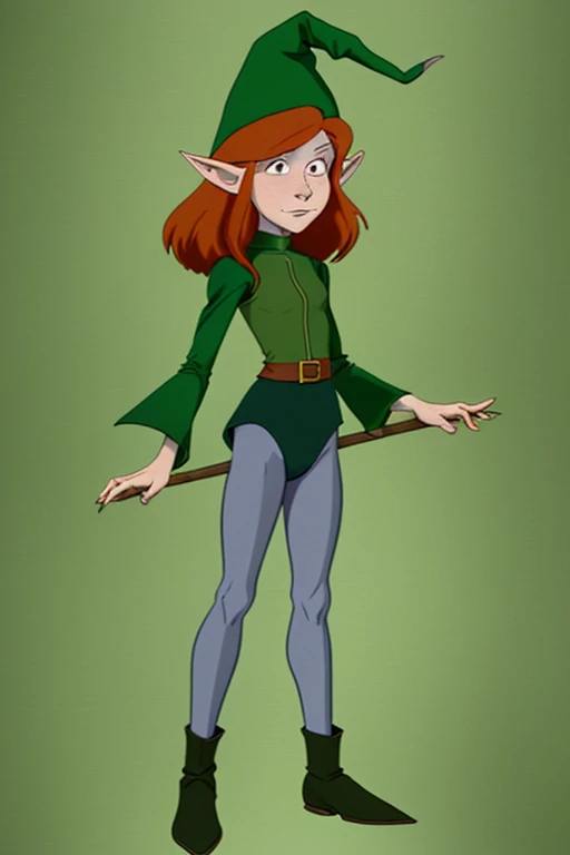 a redhead cartoon character dressed in a green outfit, leotard, young half elf wizard, a young male wizard, half-elf time wizard, granny weatherwax, 1980s cartoon, animated episode still, norman rockwel, witch academia, portrait of a young elf wizard, tiny...