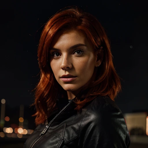 Red head femshep, night time portrait, fiery background, fire 