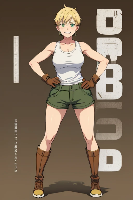 Anime Art、Full body portrait、A freckled female mechanic, about 38 years old, about 165 cm tall, wearing a white tank top and brown shorts, standing upright with her hands on her hips、Laughing with mouth open、The hairstyle is short、Blonde、wearing goggles、Gr...