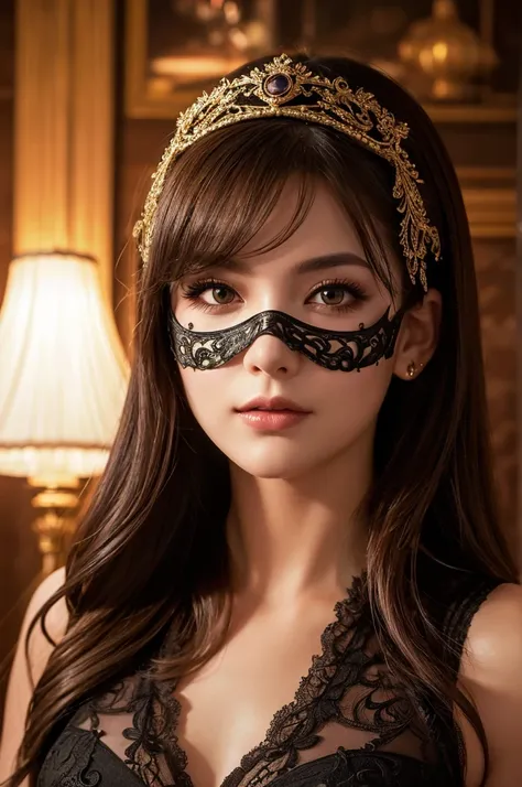 Create a full-body photo of a woman at a secret masquerade party. She is wearing an intricate Venetian mask and an elaborate costume, exuding elegance and mystery. Focus on her sophisticated appearance, highlighting her beautifully detailed eyes and lips. ...