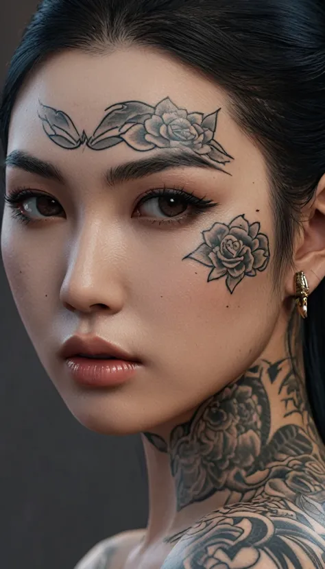 [[highly detailed face]], [[goddess face]], An Yakuza girl, showing all her tattoos, full body image, she is covered in tattoos, long black hair, high quality images, unreal engine, perfect skin texture, goddess face