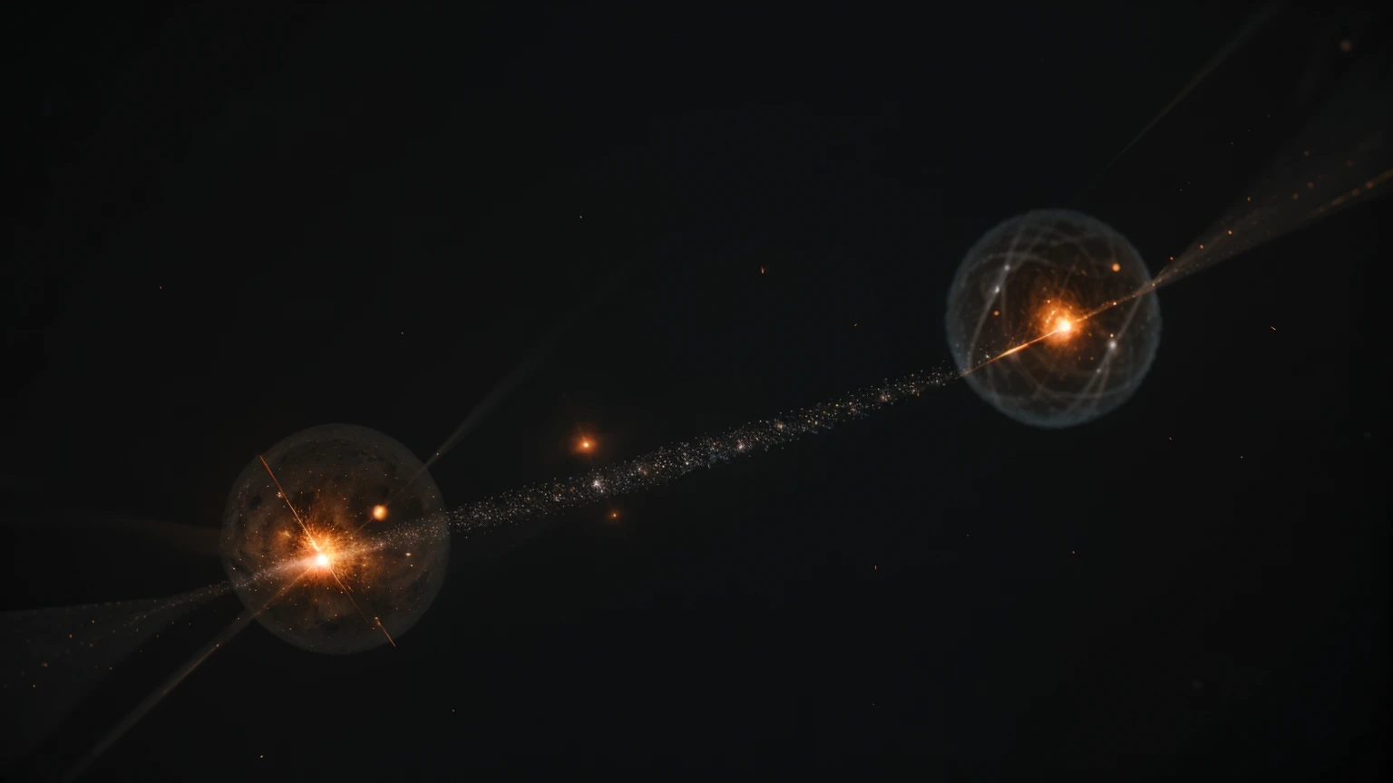 A close-up view of particles within a black dwarf undergoing quantum tunneling. Show the nuclei slowly moving toward each other and fusing, set against a dark, cold backdrop. Include tiny bursts of light or energy to signify these rare fusion events.