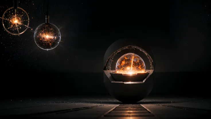 The interior of a black dwarf transforming into a sphere of iron. Show Nickel-56 nuclei decaying into iron and emitting positrons, which annihilate electrons. The scene should depict the gradual loss of electrons and the increasing density of iron.