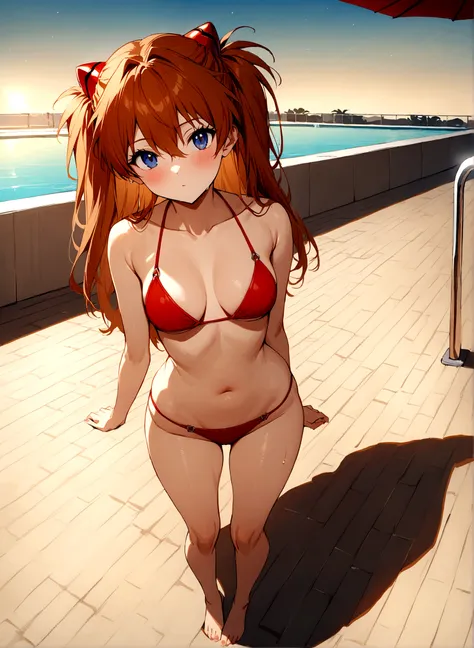 masterpiece, Highest quality, Asuka Langley,Reddish brown hair, One girl,Beautiful Eyes,bikini,whole body,Poolside