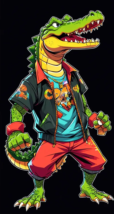 fighting game style crocodile, hip-hop style, t shirt design, flat-colors, vectorial art,  ((black backdrop)) . dynamic, vibrant...