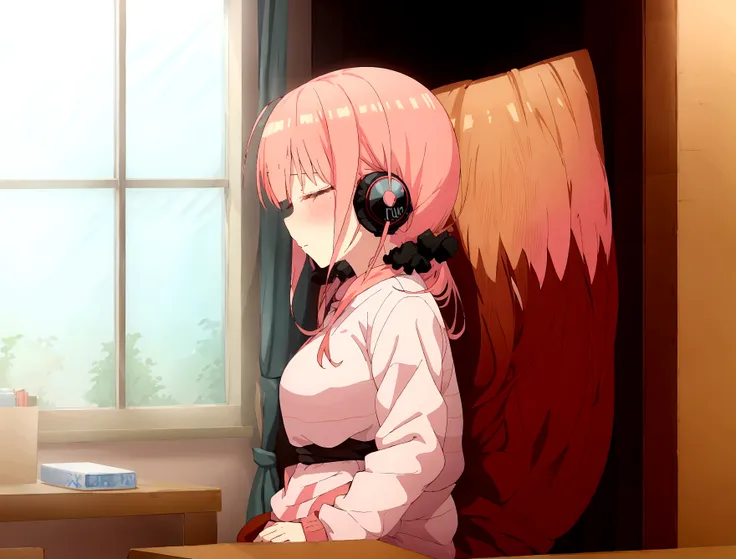 anime girl wearing headphones and looking out the window at the city, light pink long hair, lo-fi girl, kaisei and artgelm, anim...