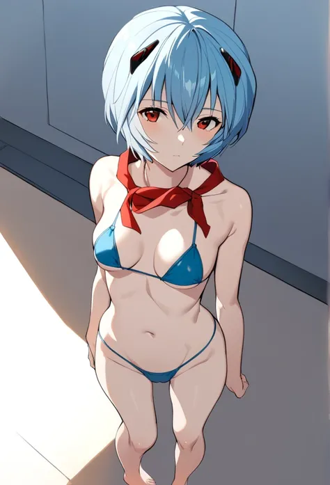 1 girl, ayanami rei, solo, red eyes, short hair, blue micro bikini, skinny, red ribbon, hair between the eyes, ribbon around the neck, Bare feet, standing in front of the viewer, looking at the viewer, blue hair, ribbon, closed mouth, bangs, top, medium ro...