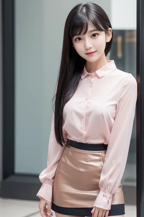 Light pink blouse,Black tight mini skirt,24-years-old,OL,Black Hair,bangs,Straight Hair,ponytail,Dark Eyes,Small Face,Young face,Clean eyes,Small Mouth,slender,Young face,,C Cup,In town,live-action,Realistic photos,8K,Smile,Ultra HD,Standing posture,whole ...