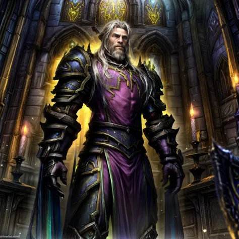 draego, a medieval knight in shining armor, standing in front of an altar in a large cathedral, dramatic backdrop, high contrast...