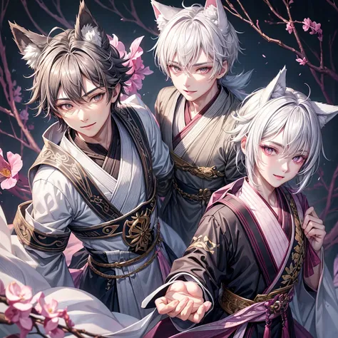 hybrid character with wolf ears, masculine and dominant, Wolfcut short gray hair, pink iris eyes, skin fair, gray hanbok clothes, mature appearance around 17 to 20 years old, gentle, smiling expression with youthful features , pink lips