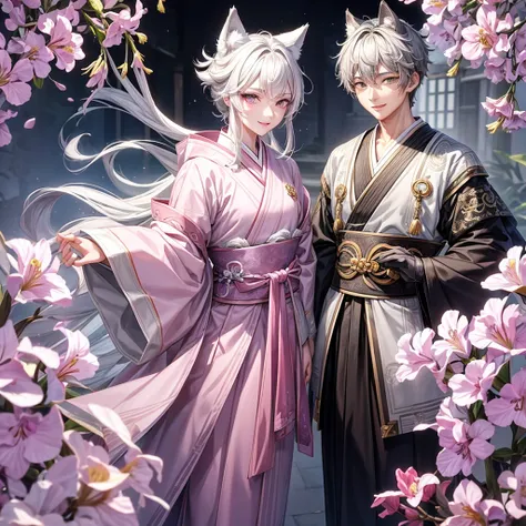 hybrid character with wolf ears, masculine and dominant, Wolfcut short gray hair, pink iris eyes, skin fair, gray hanbok clothes, mature appearance around 17 to 20 years old, gentle, smiling expression with youthful features , pink lips