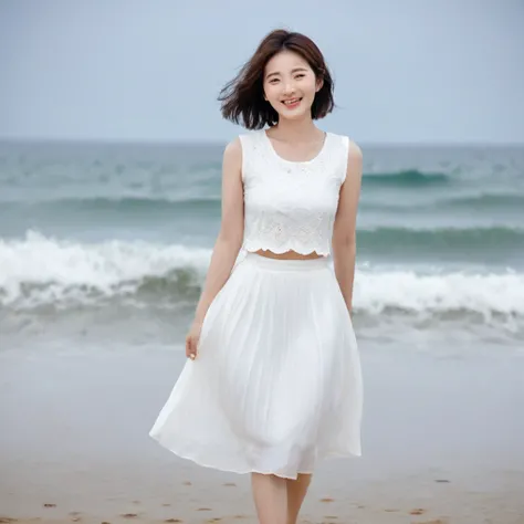 blue，Beach with white waves, Beautiful 36-year-old short Korean woman, Chest size 34 inches, Wear white short sleeves and sleeveless tops, lightweight mid length skirt. beautiful pretty woman look , wearing a light skirt ,  Go far and dip your toes in the ...