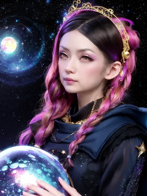 1 Girl, solo, (astrologer), (Circlet), Celestial globe, 
mysterious, Fantasy, grace, Calm, Silence, intellectual, ancient, Beyond time and space, dream, aura,
Dark eyeshadow, Star shaped glitter, Sparkling Highlights, Rich Lip Color, Smokey Eye, mysterious...