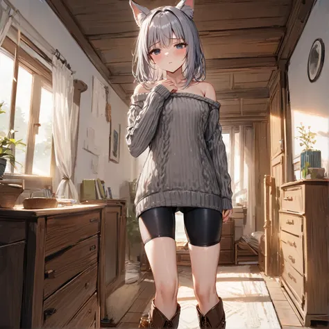 masterpiece, One girl, emotionless, White (blue archiine), Are standing, Medium chest, Gray Hair, Animal ears, Bike Shorts, Knitted sweater, Exposed shoulders, Cowboy boots, in, indoor, Bedroom  