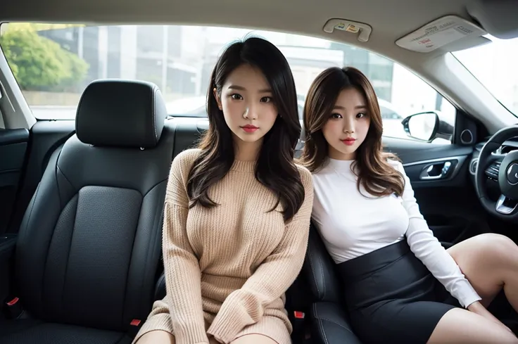 Indonesian girl  Hairstyle fashion  Casual, F Cup Breasts wearing crewneck dress in car and driving the car with her mother