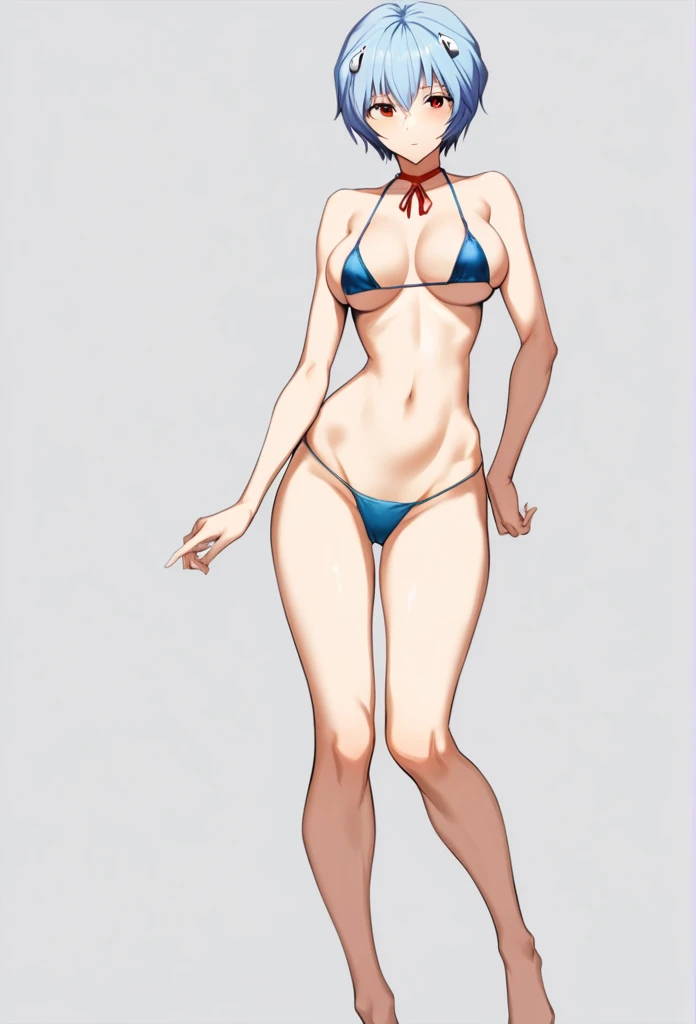 1 girl, ayanami rei, solo, red eyes, short hair, blue micro bikini, skinny, red ribbon, hair between the eyes, ribbon around the neck, Bare feet, standing in front of the viewer, looking at the viewer, blue hair, ribbon, closed mouth, bangs, top, big round...