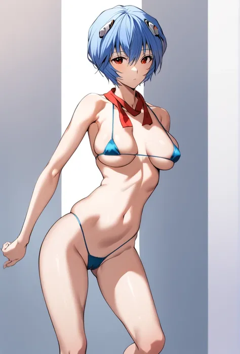 1 girl, ayanami rei, solo, red eyes, short hair, blue micro bikini, skinny, red ribbon, hair between the eyes, ribbon around the neck, Bare feet, standing in front of the viewer, looking at the viewer, blue hair, ribbon, closed mouth, bangs, top, big round...