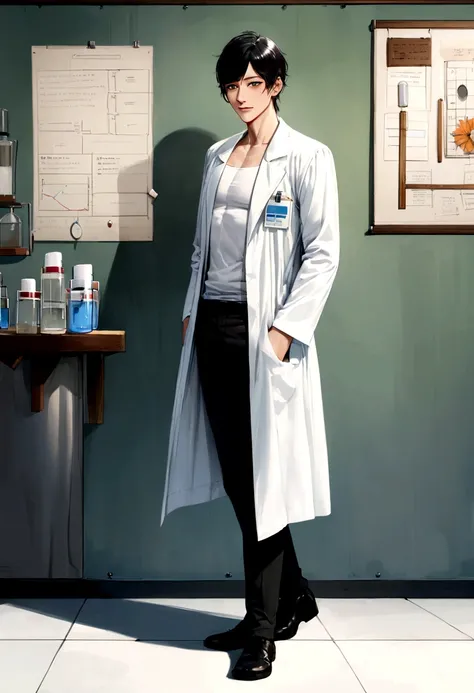 masutepiece),best quality,super detailed,illustration,super detailed view,(realistic),(((black hair))),one young man,(full body evian),((researcher in lab coat)),(no glasses),twink,(fair skin),(knowing),black eyes,(gender: natural face),(korean),long body,...