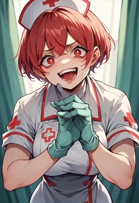 Nurse short red hair with bangs,big boobies,wearing glove,crazy look 