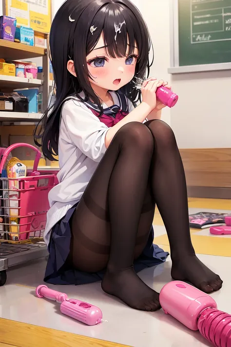 ((Young  girl、Primary school students))Shopping at the supermarket and waiting in line at the cash register、There are items in the basket、Pick up and select the product、Merchandise Shed、Have a basket、Inserting a vibrator into your、shame、blush、Pussy juice o...