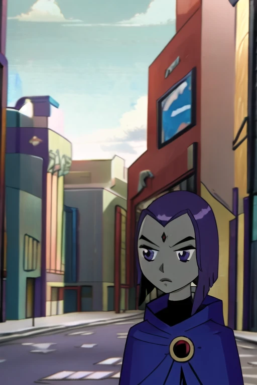 raven, 1girl, solo, purple eyes, purple hair, short hair, colored skin, forehead jewel, blue cape, blue cloak