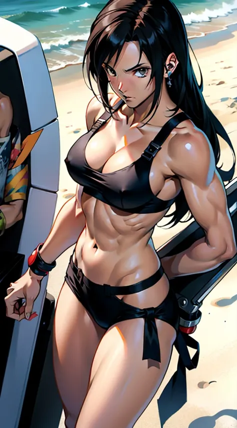 アニメ cel-shading Tifa Lockhart, bikini, on the beach in ((anime + manga + comics + cartoon) style) 