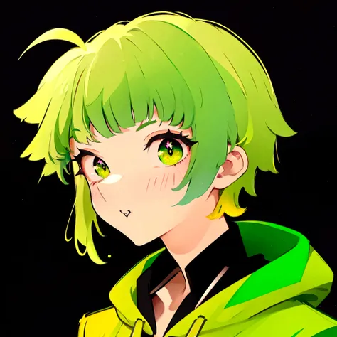 green hair, golden left eye, golden right eye, black pupils, wearing a green hoodie, black shirt, good lighting, good color, gra...