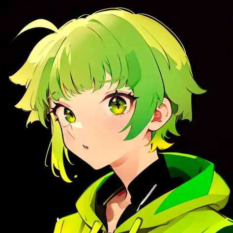 green hair, golden left eye, golden right eye, black pupils, wearing a green hoodie, black shirt, good lighting, good color, gra...