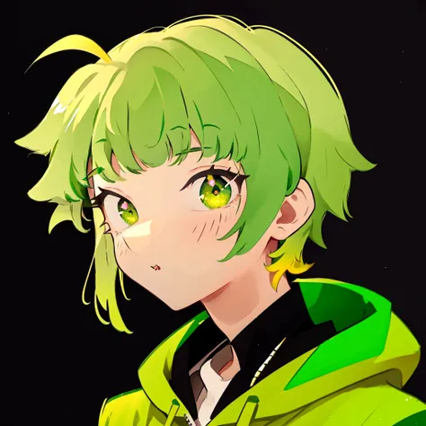 green hair, golden left eye, golden right eye, black pupils, wearing a green hoodie, black shirt, good lighting, good color, gra...