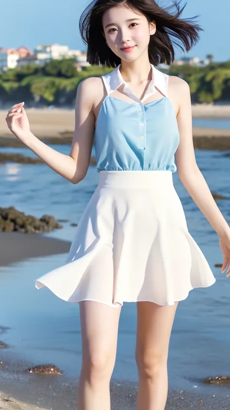 ((Best quality))((realistic))((full body))((face detail))A girl , short Black hair, white skirt,breeze, walking along shoreline,sea, beach,sand, shore,