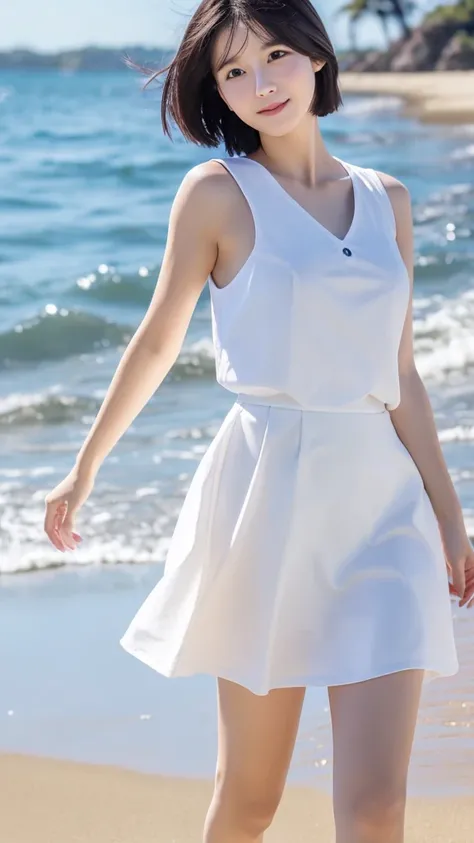 ((Best quality))((realistic))((full body))((face detail))A girl , short Black hair, white skirt,breeze, walking along shoreline,sea, beach,sand, shore,