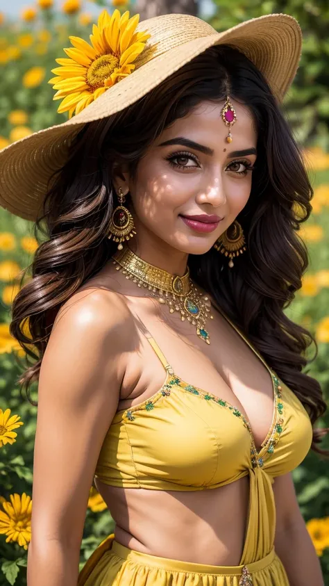 (((HD photo))), ultra high res.photorealistic:. 1.4, UHD, masterpiece, trending on artstation, portrait, 1girl, pretty, cute face, most beautiful in the world, soft, delicate, wavy blonde hair, large huge breasts, a vibrant Indian woman with olive skin and...