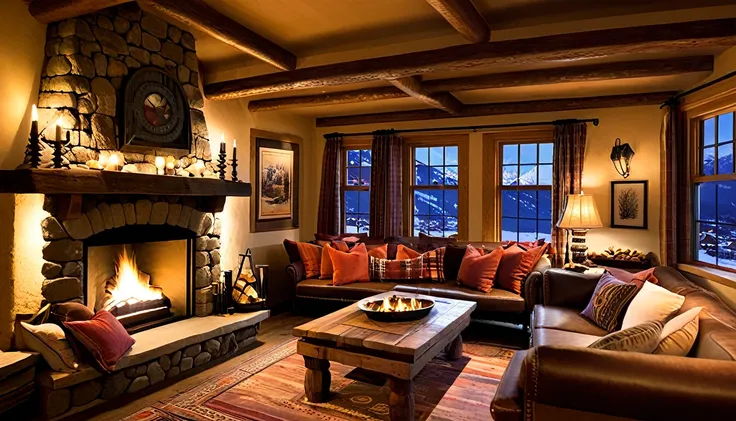 create an image of a cozy, rustic interior with a roaring fireplace, plush seating, and large windows offering a stunning view o...