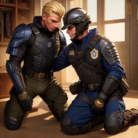  Leyendecker style illustration of a blonde Navy SEAL making love to a girl. He is dressed in a Kevlar body armor, the girl is kneeling in front of him, unbuttoning his trousers and underpants.